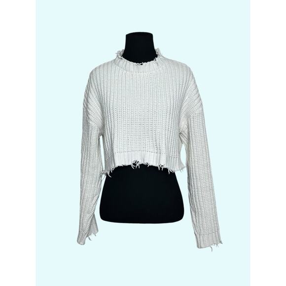 Forever 21 off white long sleeves semi distressed cropped sweater size Small - Picture 1 of 9